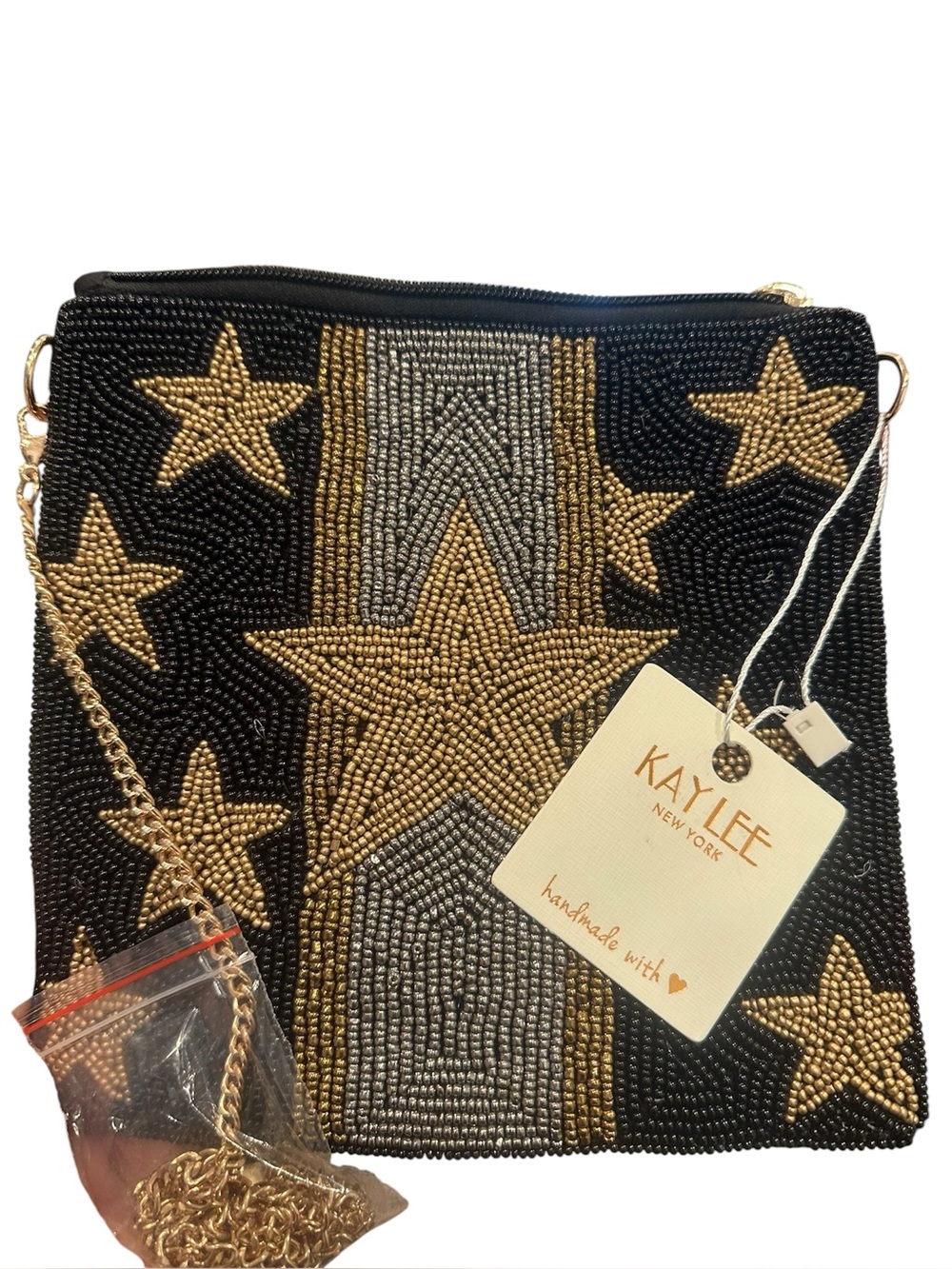 New York Black & Gold Beaded Star Crossbody Bag